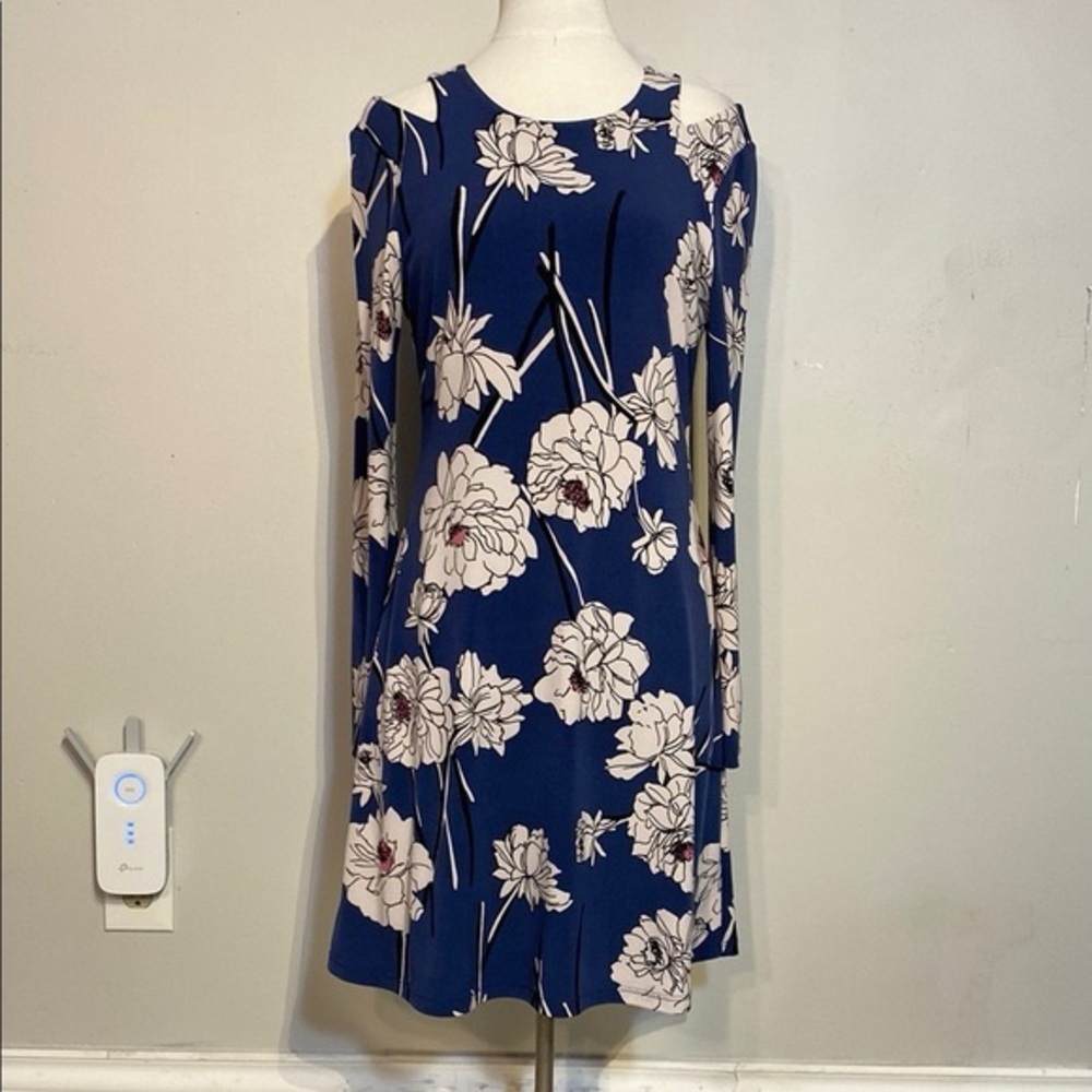 Blue A-line Long Sleeve Floral Cold Shoulder Dress